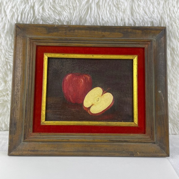 Other - Antique French Still Life Oil Painting Red Apple Gold Frame Red Velvet Mat
